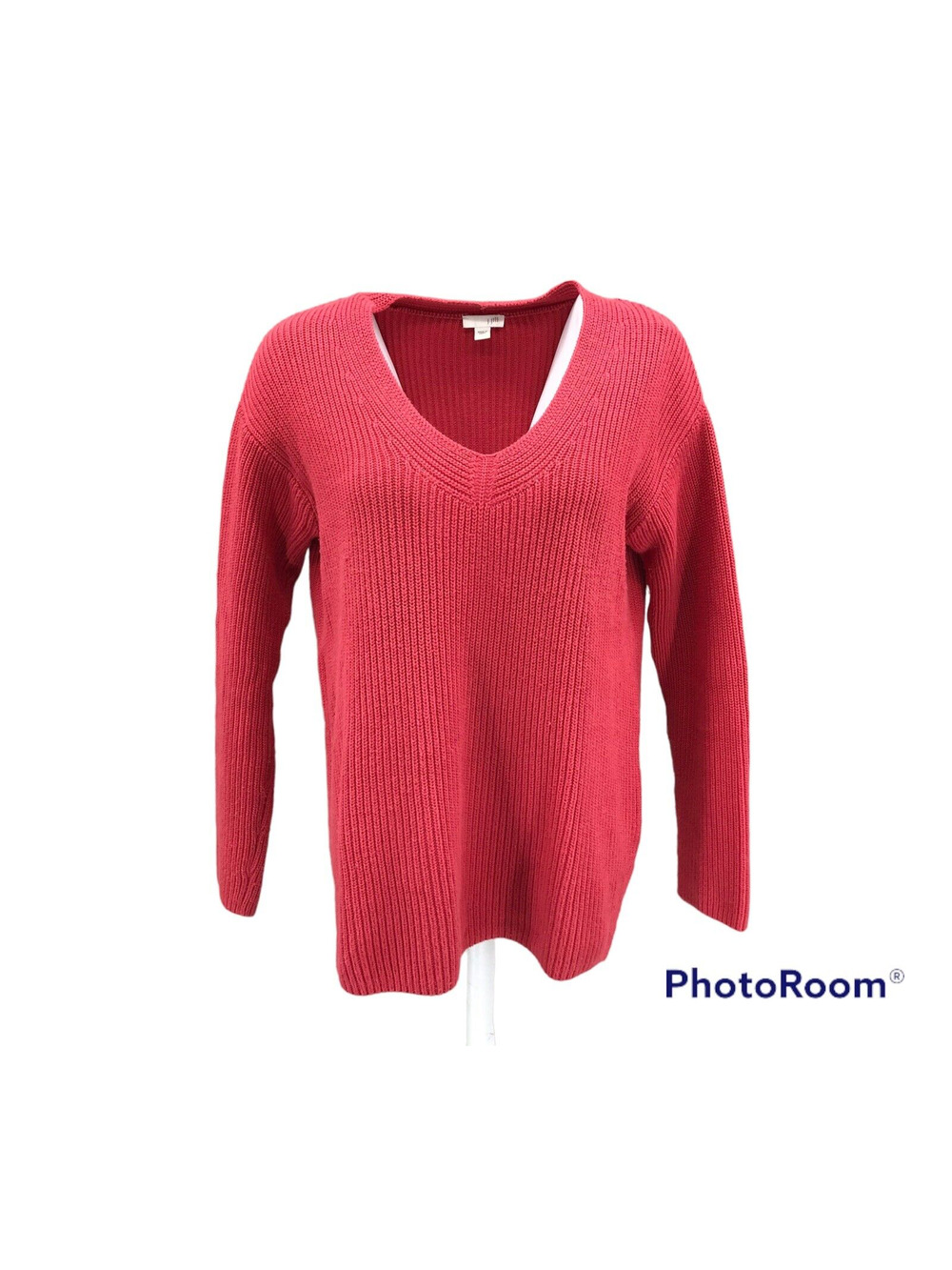 J Jill Women's V-Neck Chunky Cable Knit Tunic Sweater Sz SM Burgundy Relaxed Fit
